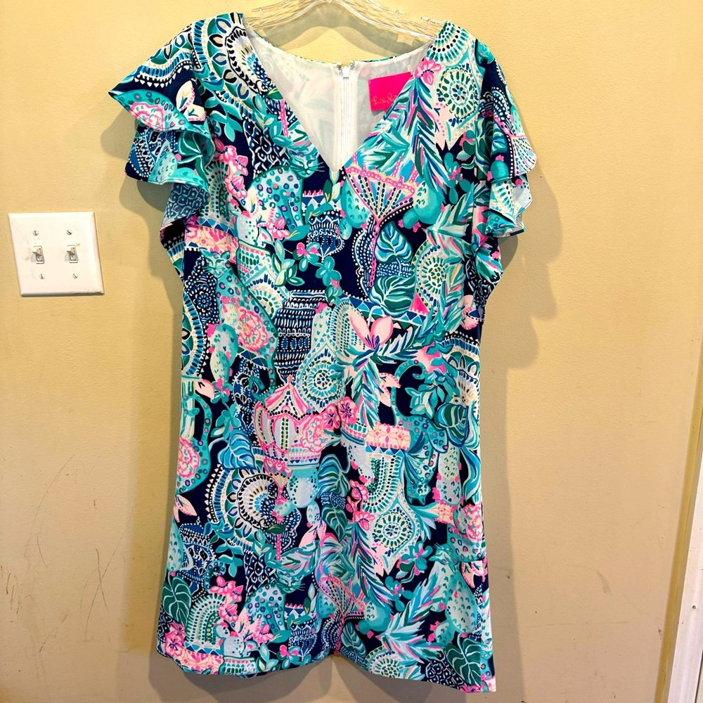 Lilly Pulitzer Print Kathie Midi Dress size 12 Ruffle Flounce Sleeves
